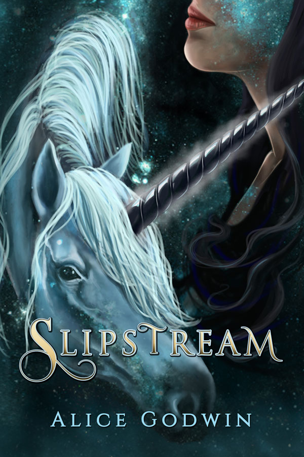 Cover - Slipstream - fantasy unicorn with a black horn